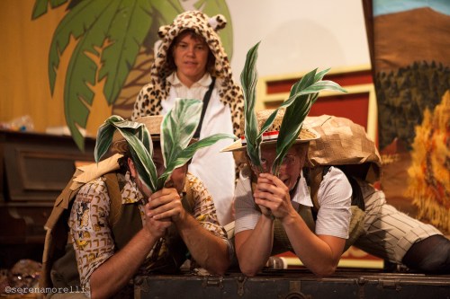 Thumper (Joan Howard) plays Painted Jaguar, about to surprise the two Armadillos -- played by Samuel Peaches (Casey Robbins) and Arby-Darby (Juliana Frick)